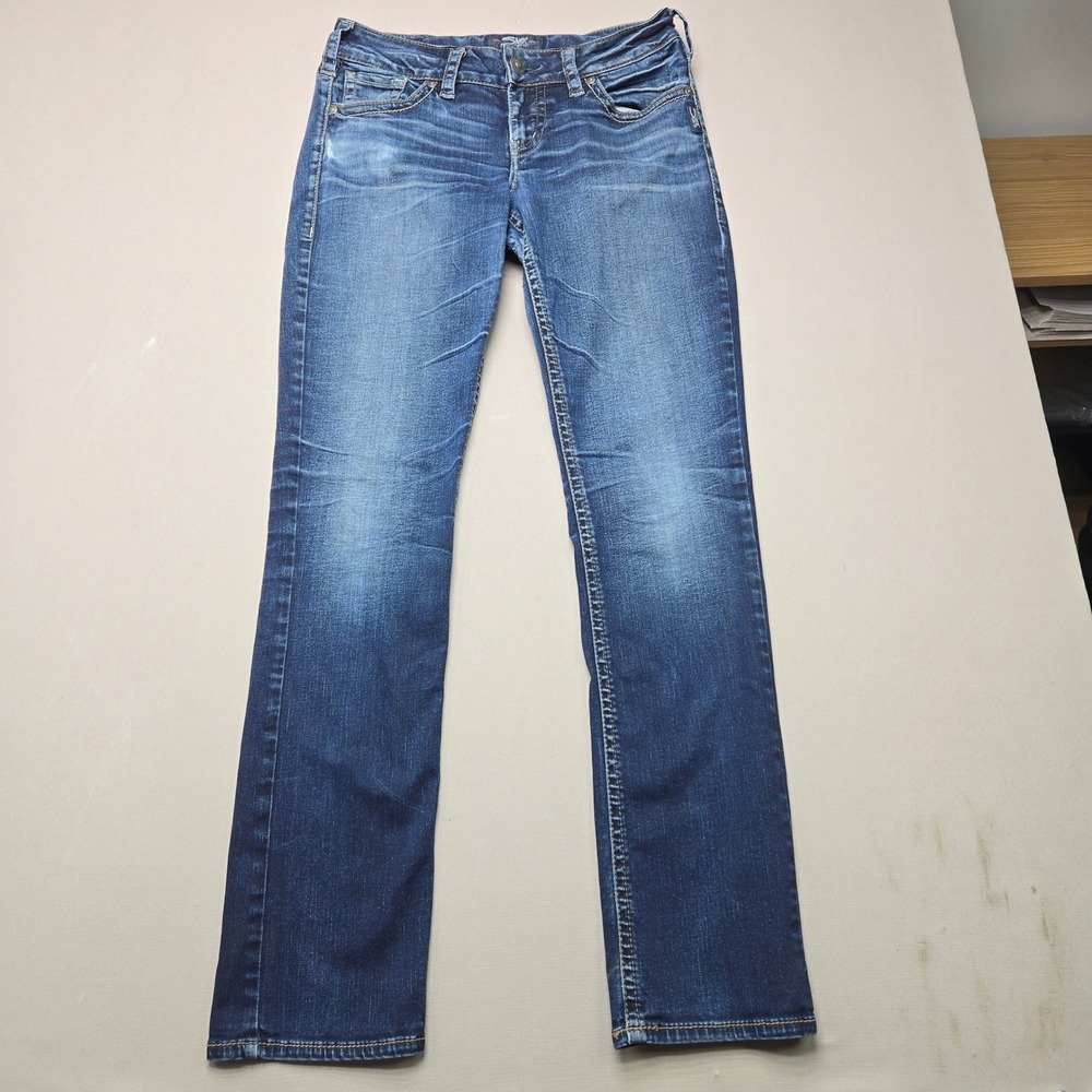 Silver Jeans Co Suki Straight Leg Dark Wash Whiskered Blue Denim Womens 28x32